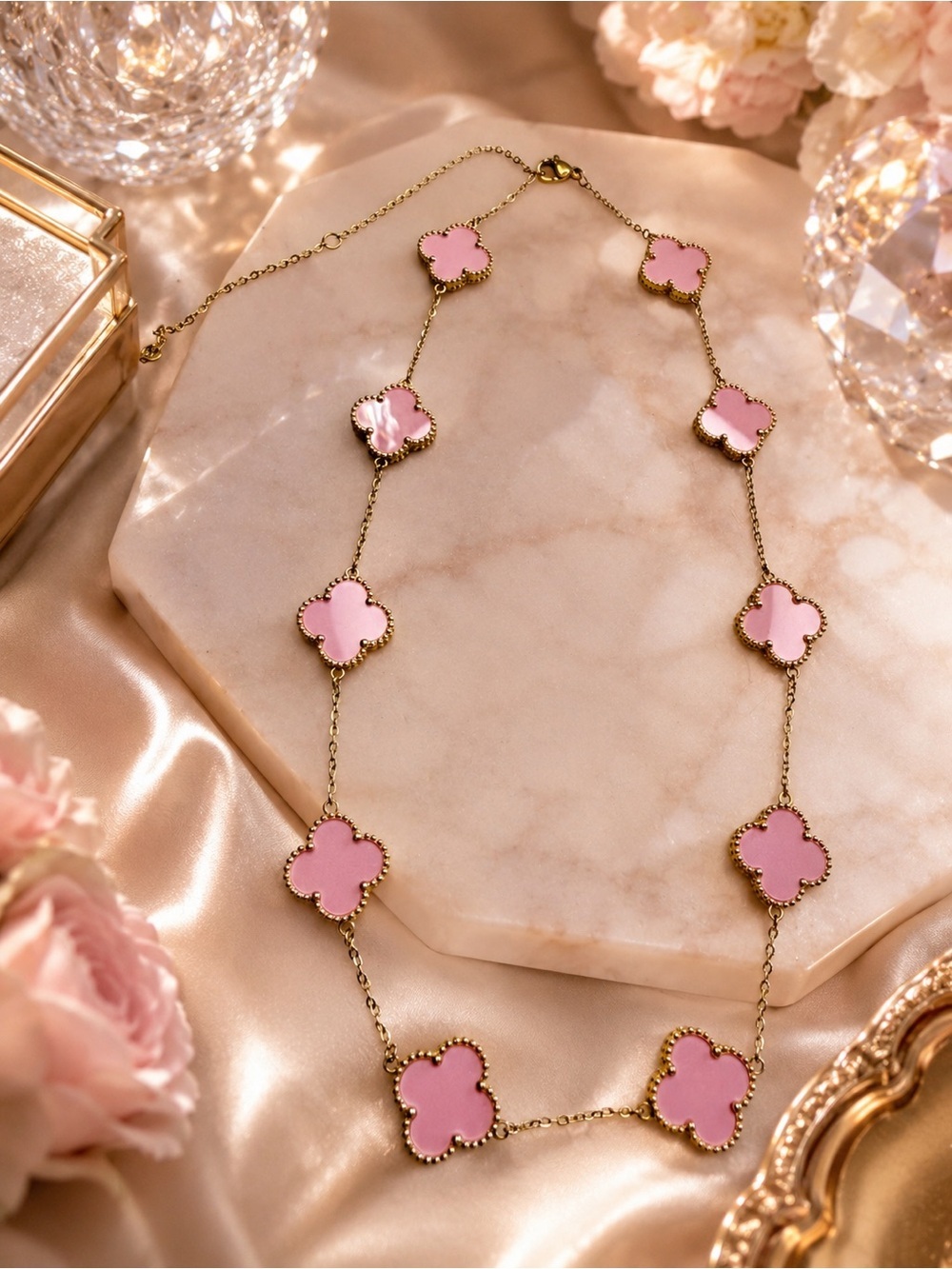 🌸 Pink Clover 10 Station Necklace – Gold Tone